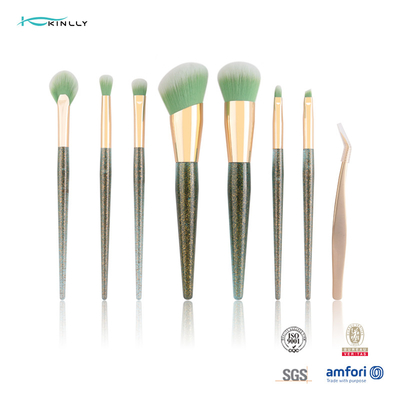 Özel Etiket 7pcs Makyaj Fırça Seti Güzellik Cımbızlı Yeşil Renkli Plastik Saplı