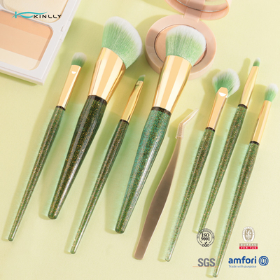 Özel Etiket 7pcs Makyaj Fırça Seti Güzellik Cımbızlı Yeşil Renkli Plastik Saplı
