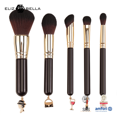 5 pcs özelleştirilebilir seyahat makyaj fırçası kümesi Ahşap sapık Alüminyum ferrule ve 100% sentetik saç